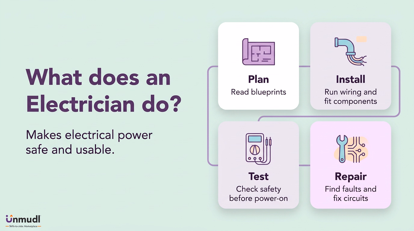 Electrician workflow: plan from blueprints, install wiring, test safety and repair faults