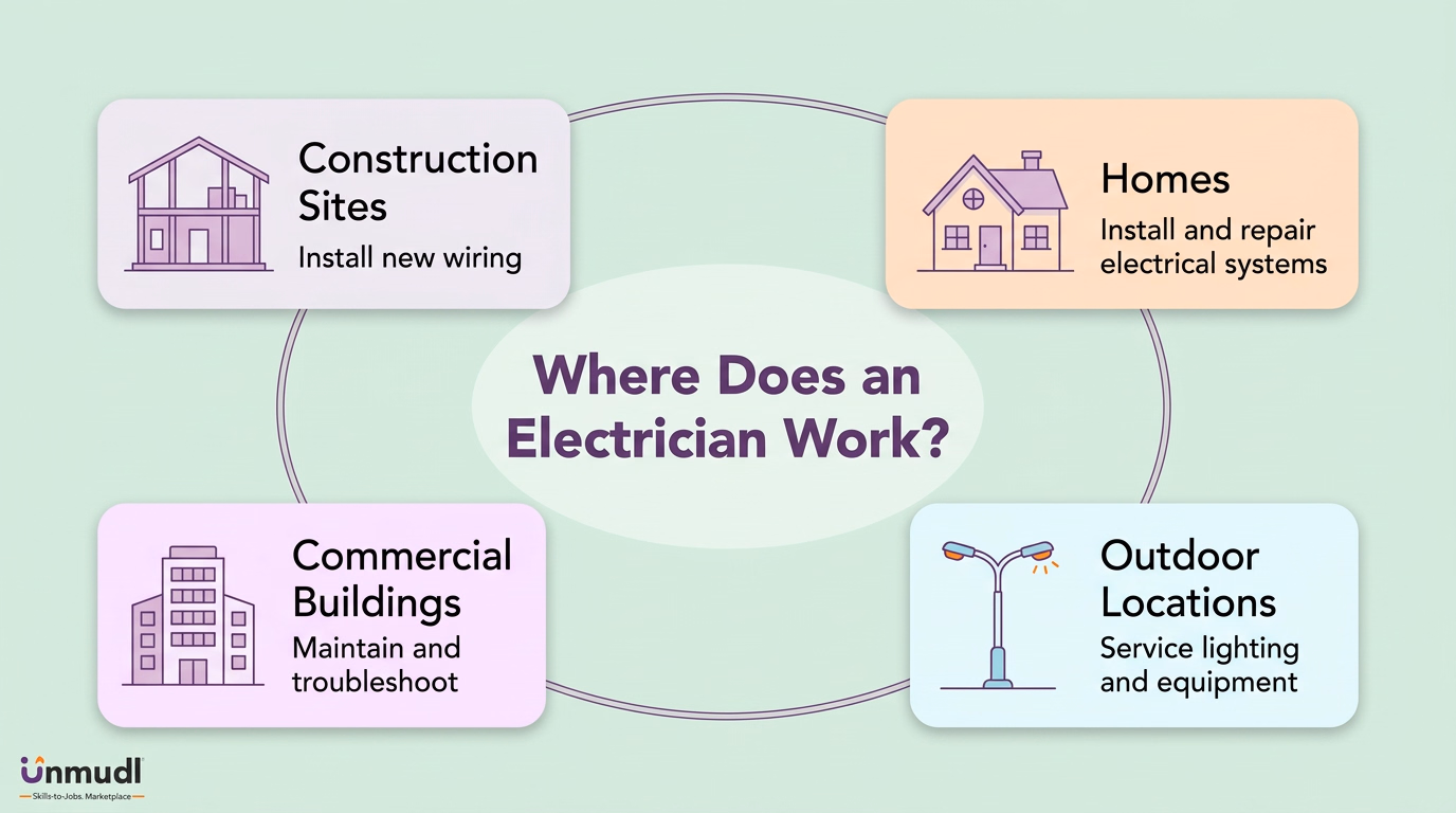 Electrician work settings: construction sites, homes, commercial buildings and outdoor locations