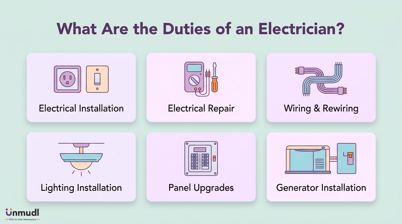 Electrician duties covering installation, repair, rewiring, lighting, panel upgrades and generator installation