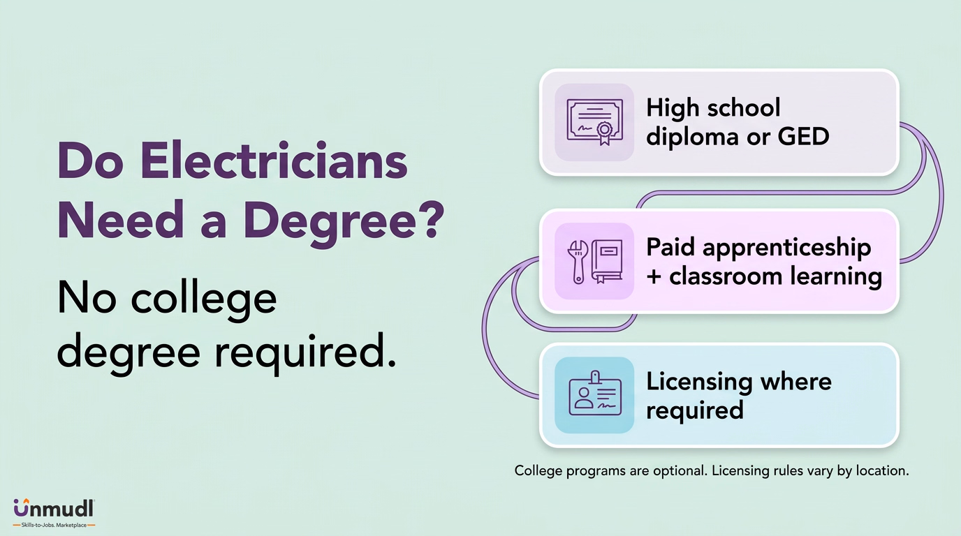 Electrician entry route showing a high school diploma or GED, paid apprenticeship, classroom learning and licensing where required