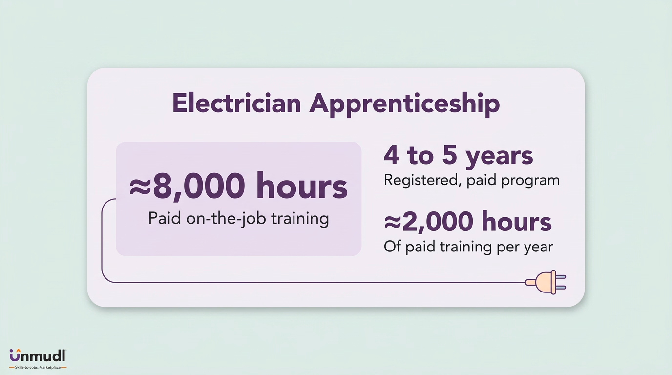 Electrician apprenticeship showing about 8,000 paid training hours across four to five years