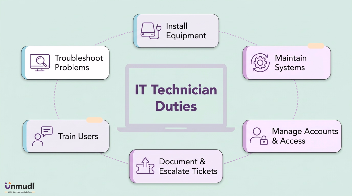 IT technician duties: troubleshoot, install, maintain, manage access, document tickets and train users