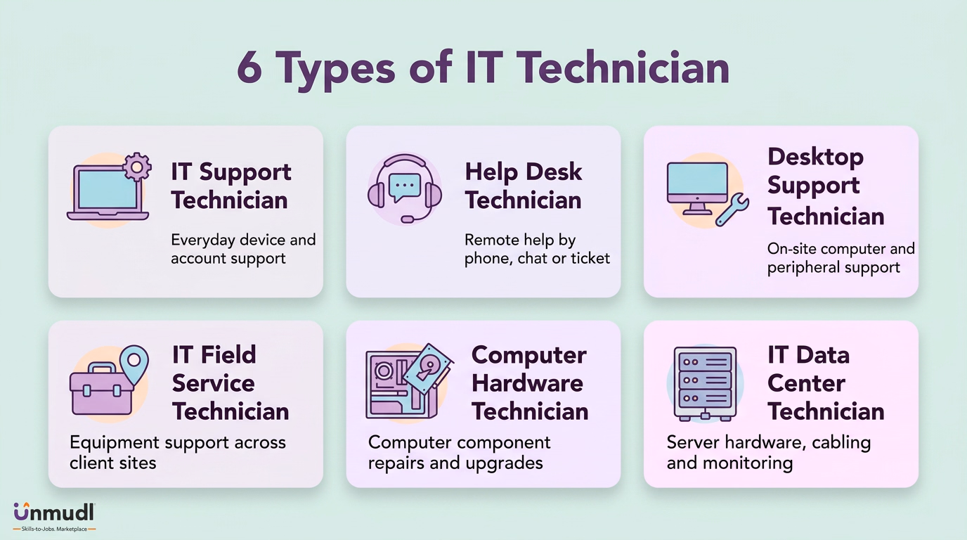 Six IT technician specialties: IT support, help desk, desktop support, field service, computer hardware and data center