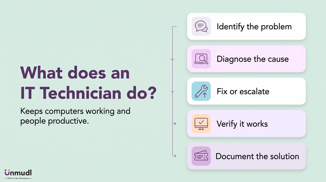 IT technician workflow: identify, diagnose, fix or escalate, verify and document