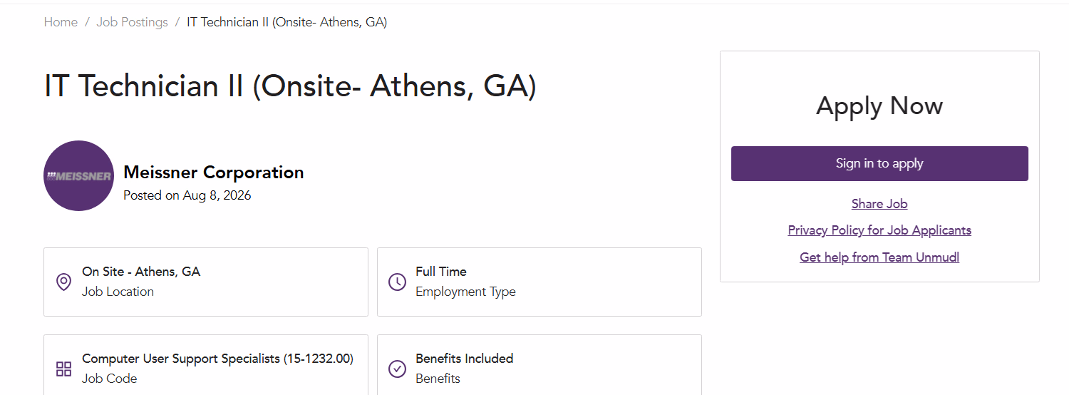 IT Technician II listing in Athens, Georgia with an Apply Now panel on Unmudl