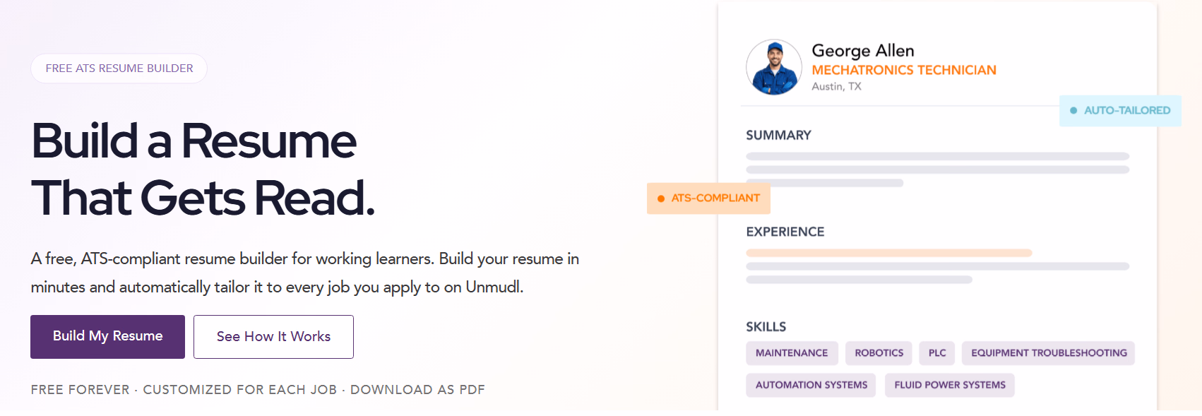 Unmudl resume builder opening screen with the Build My Resume button