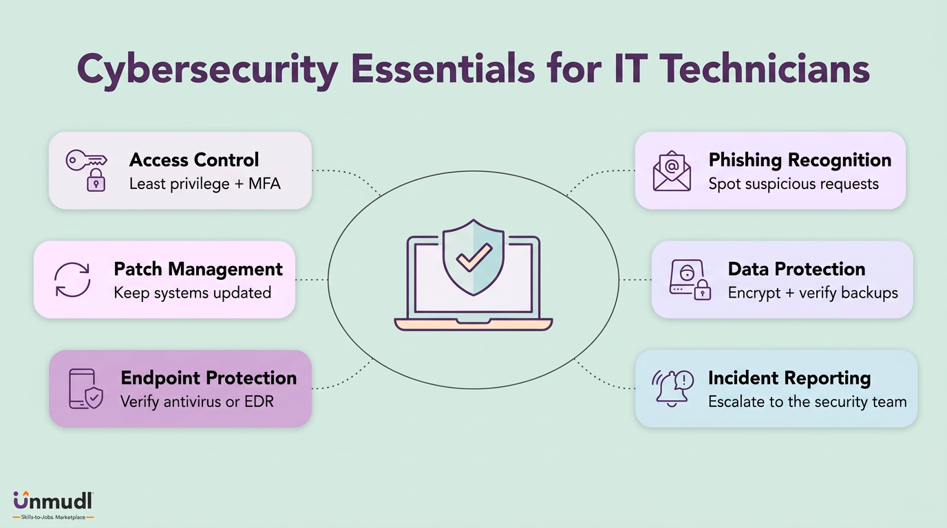 Cybersecurity essentials for IT technicians: access control, patches, endpoint protection, phishing, data protection and incident reporting