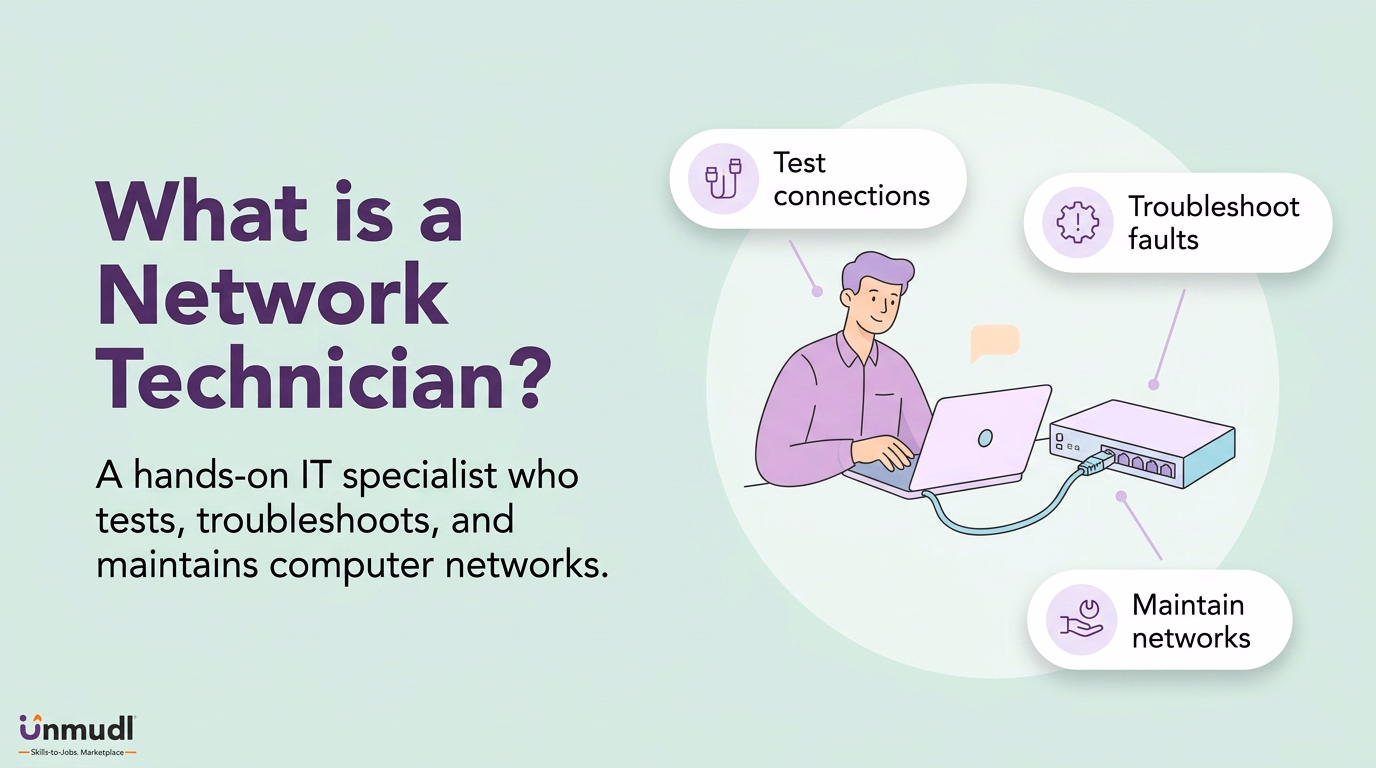 Network technician testing connections, troubleshooting faults and maintaining computer networks
