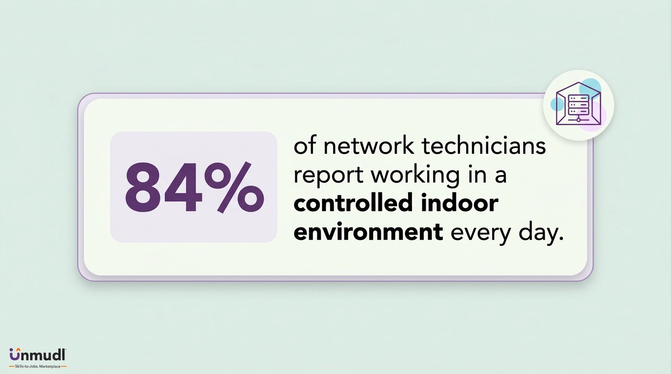Infographic reporting that 84 percent of network technicians work in controlled indoor environments every day