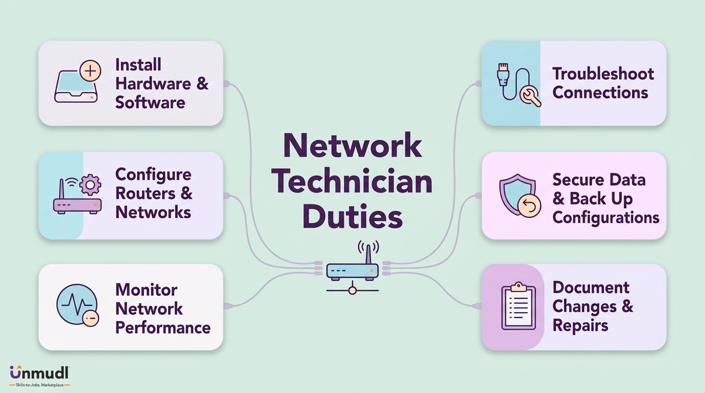Network technician duties: install, configure, monitor, troubleshoot, secure and back up data, and document changes