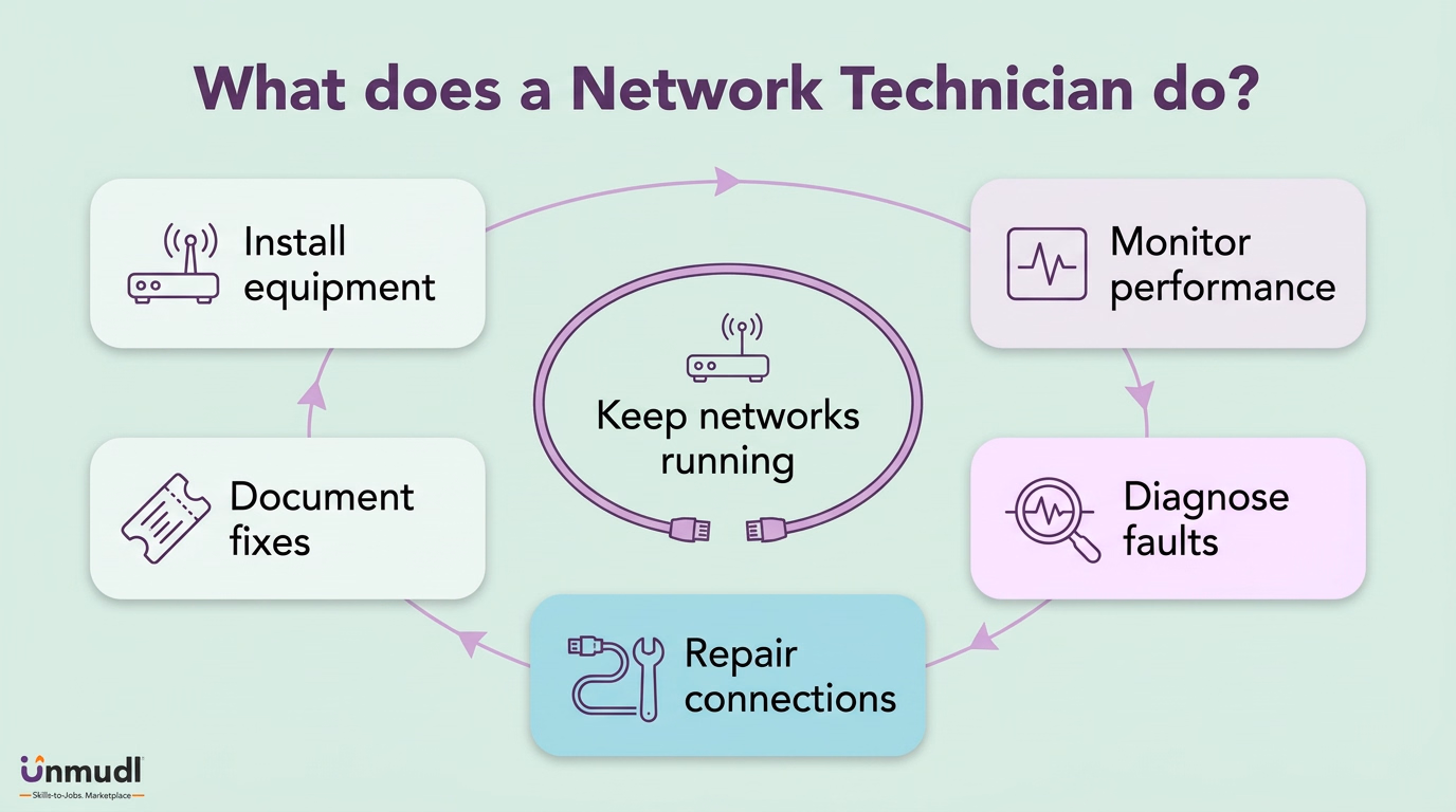 Network technician workflow: install equipment, monitor performance, diagnose faults, repair connections and document fixes
