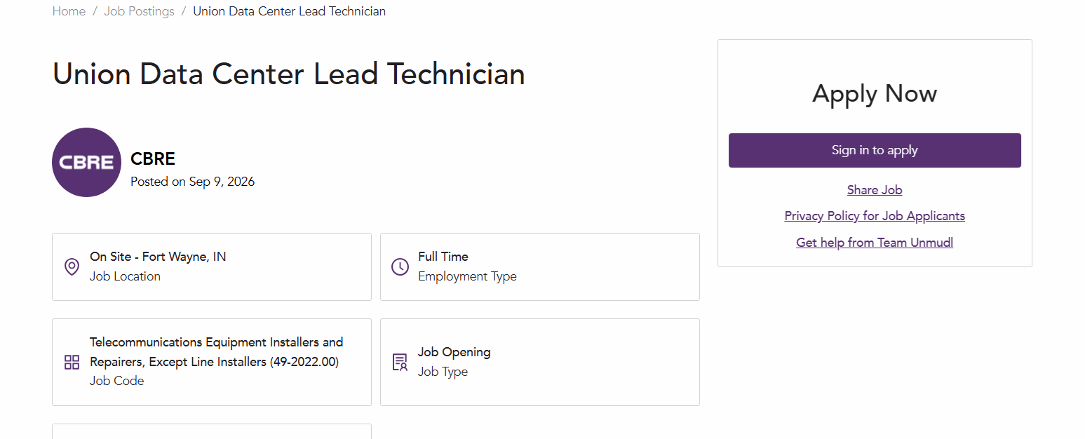 Union Data Center Lead Technician listing with the Apply Now panel on Unmudl