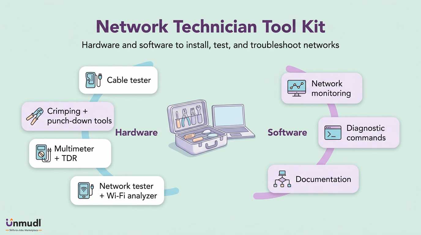 Network technician tools including cable testers, crimping tools, multimeters, network monitoring and diagnostic software