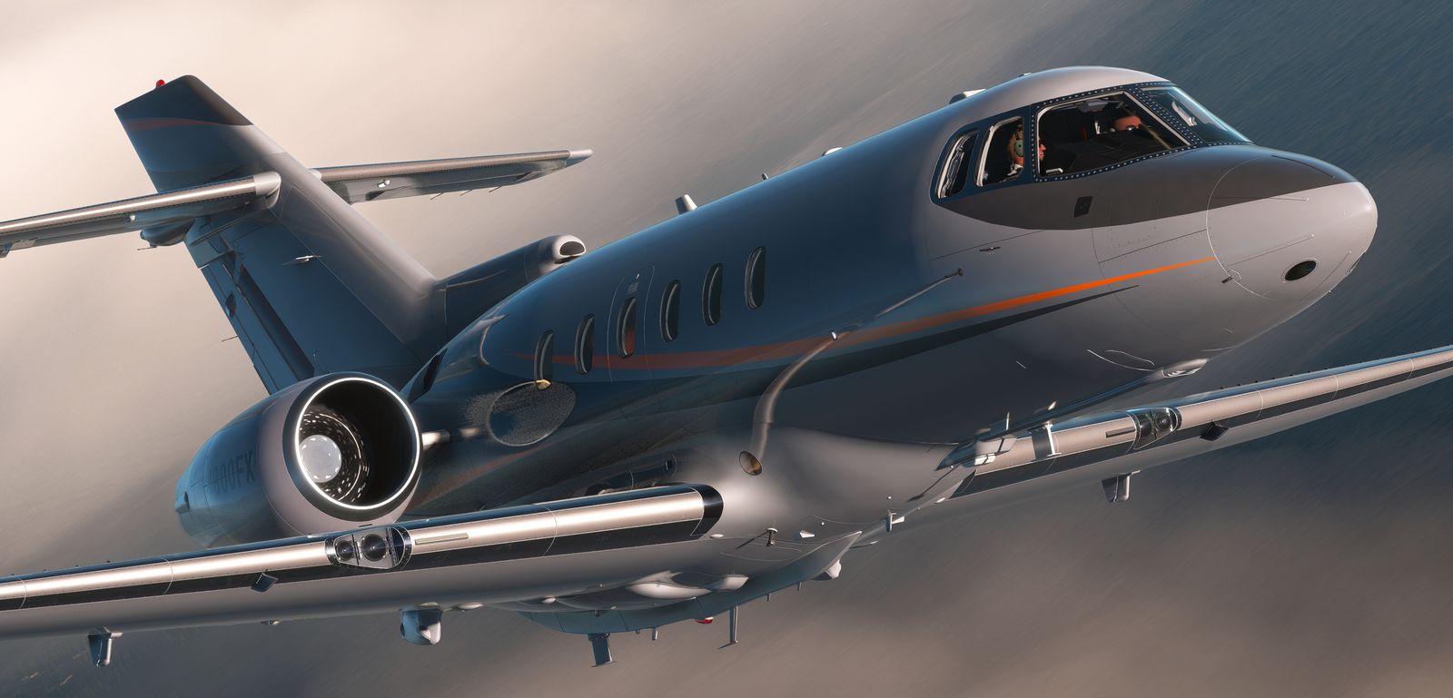Close exterior view of the Hawker 800XP cockpit windows and rear-mounted engine in flight