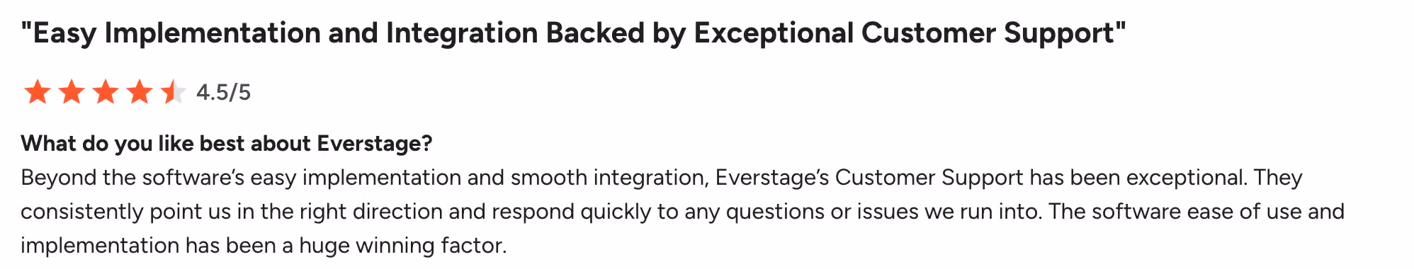 Everstage G2 review from a sales compensation manager praising easy implementation and integration