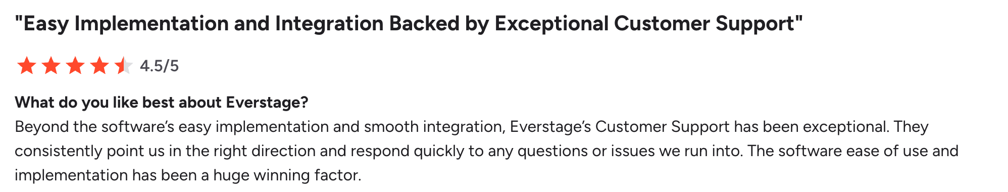 Everstage G2 review from a sales compensation manager praising easy implementation and integration