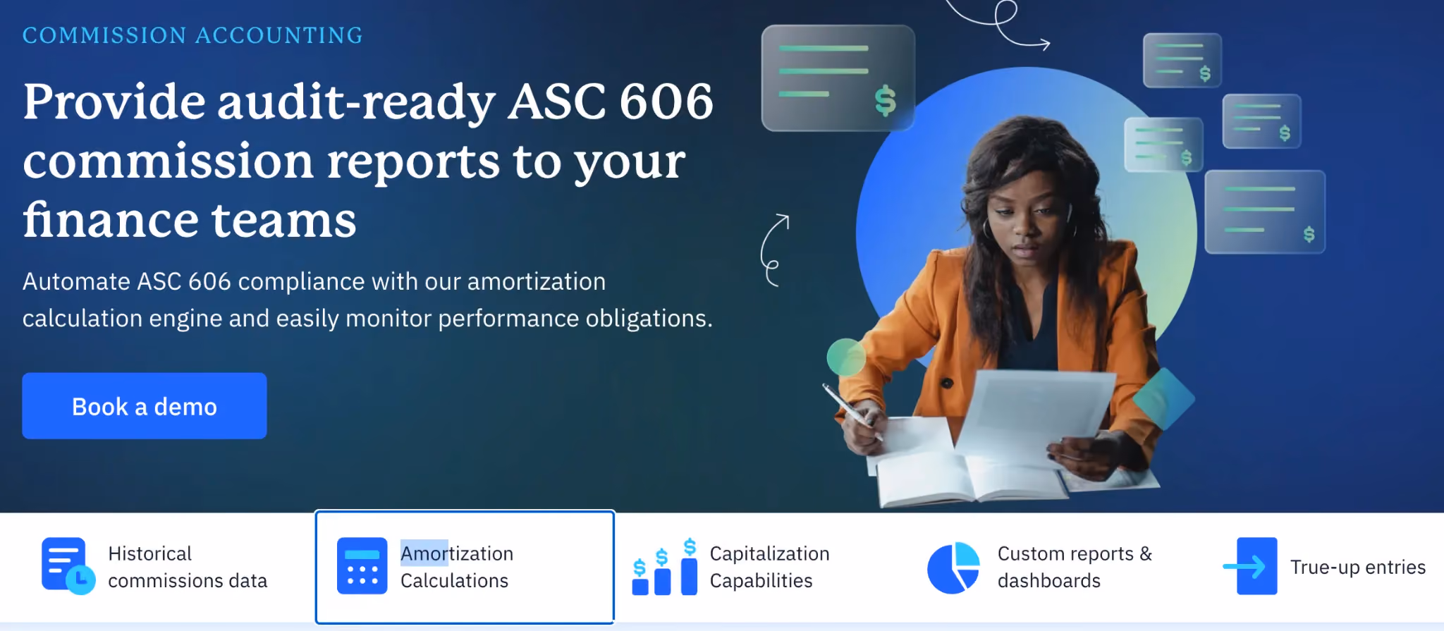 Everstage's ASC 606 commission accounting page with amortization and audit-ready reporting
