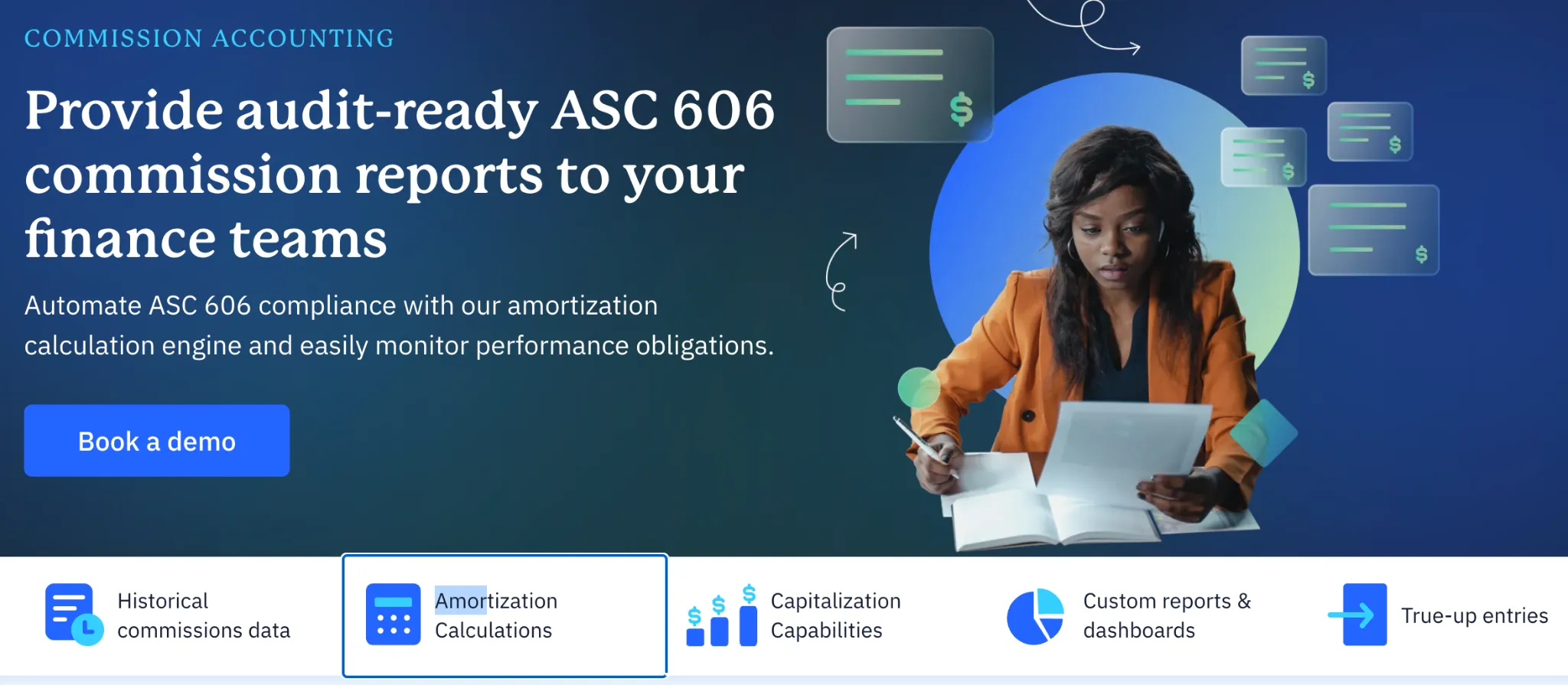 Everstage's ASC 606 commission accounting page with amortization and audit-ready reporting