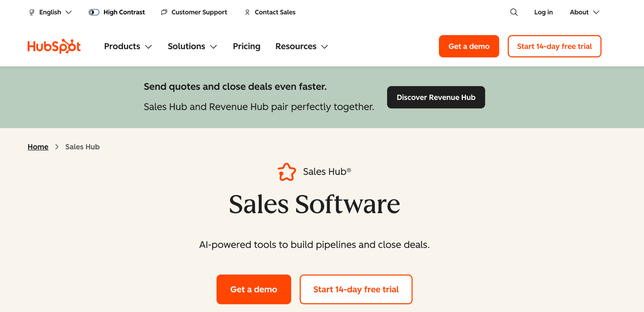HubSpot Sales Hub homepage