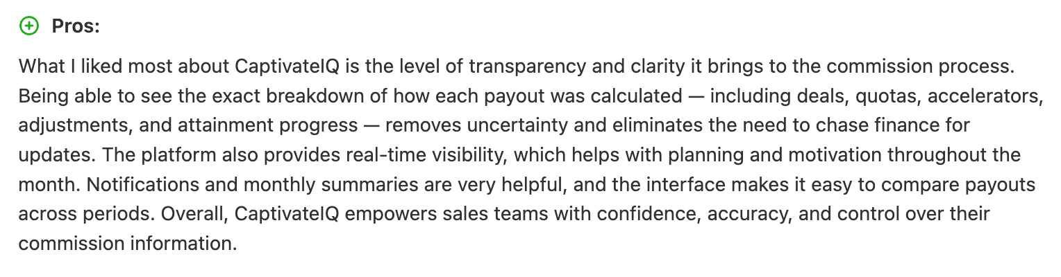 CaptivateIQ review praising clear commission payout breakdowns