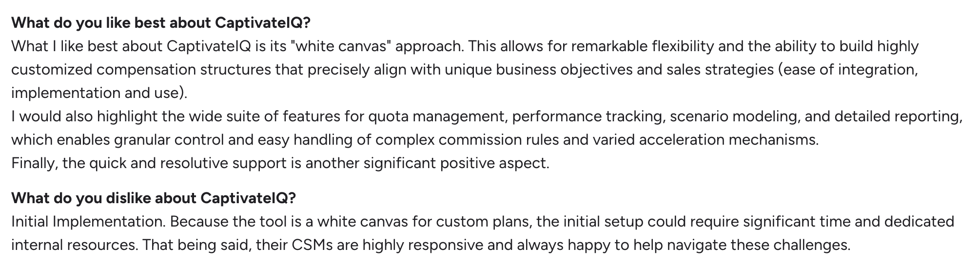 CaptivateIQ review discussing implementation time and internal resources