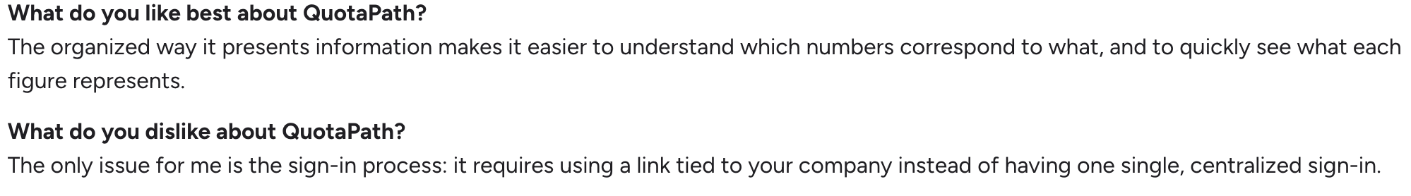 QuotaPath review praising organized data presentation, with sign-in via a company-specific link as the main drawback.