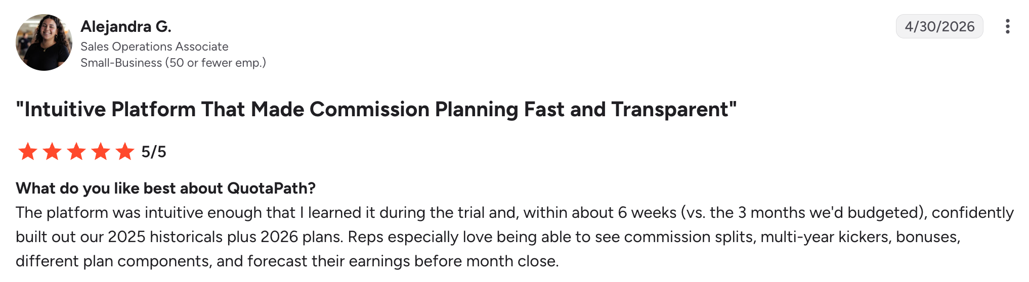 A QuotaPath reviewer built two years of commission plans in six weeks, half the time her team had budgeted.