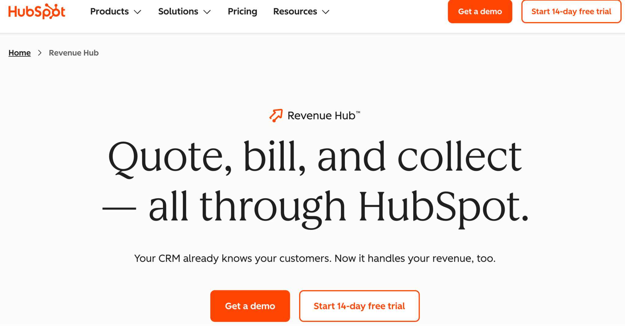 HubSpot Revenue Hub homepage