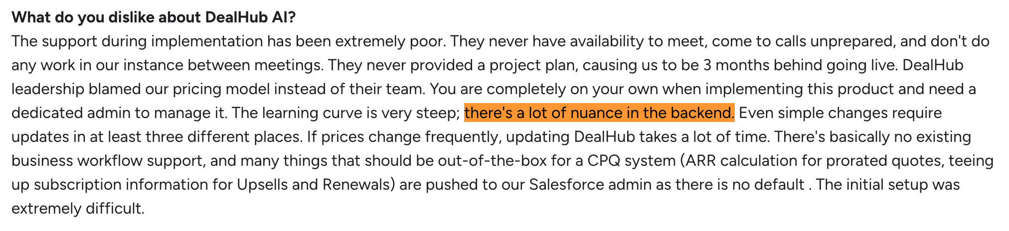 DealHub’s G2 review on issues with backend configuration