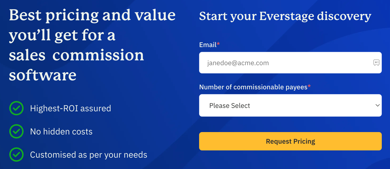 Everstage pricing form highlighting customized plans, transparent costs, and high ROI.