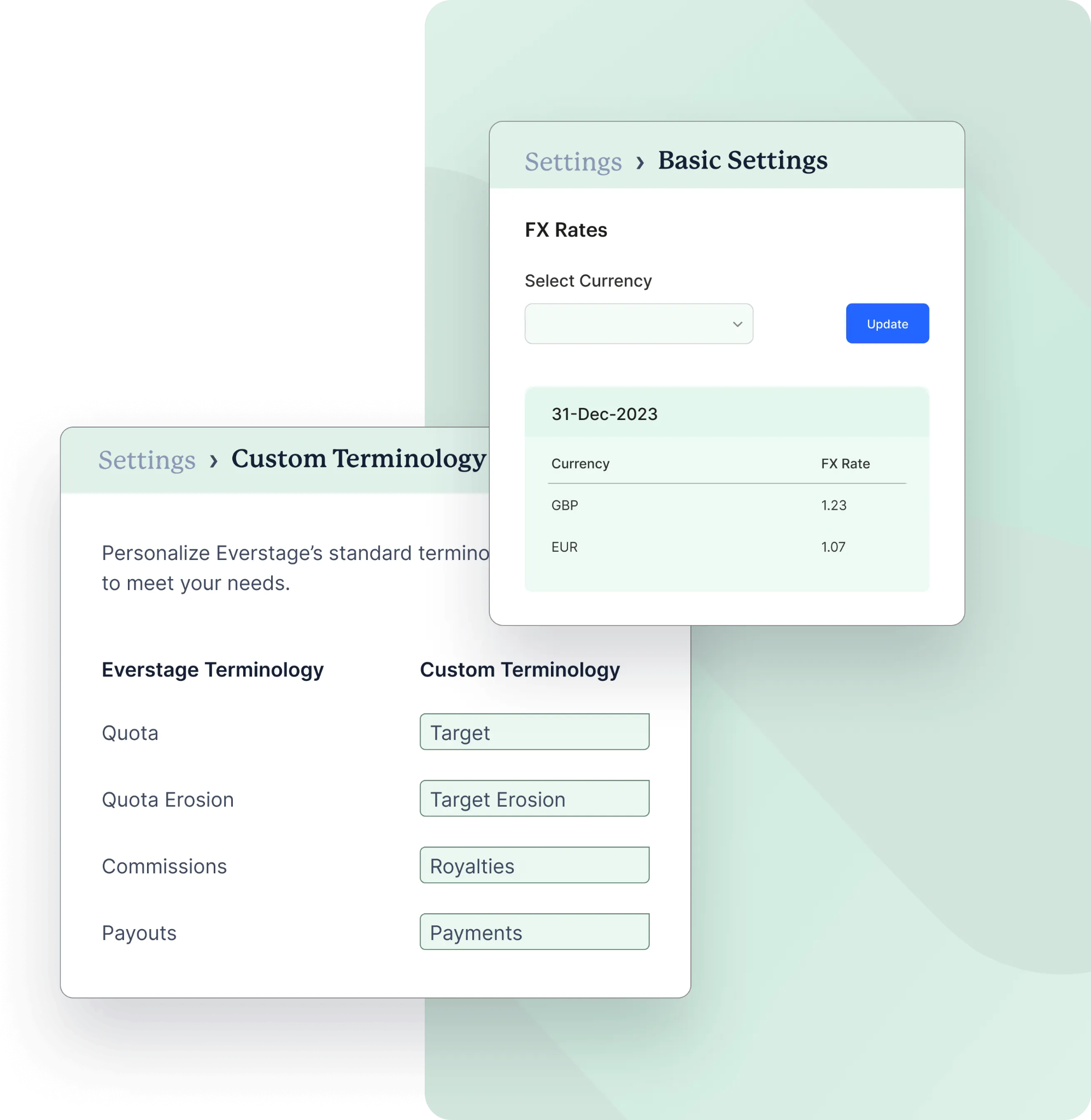 Everstage settings for custom terminology and currency exchange rates.