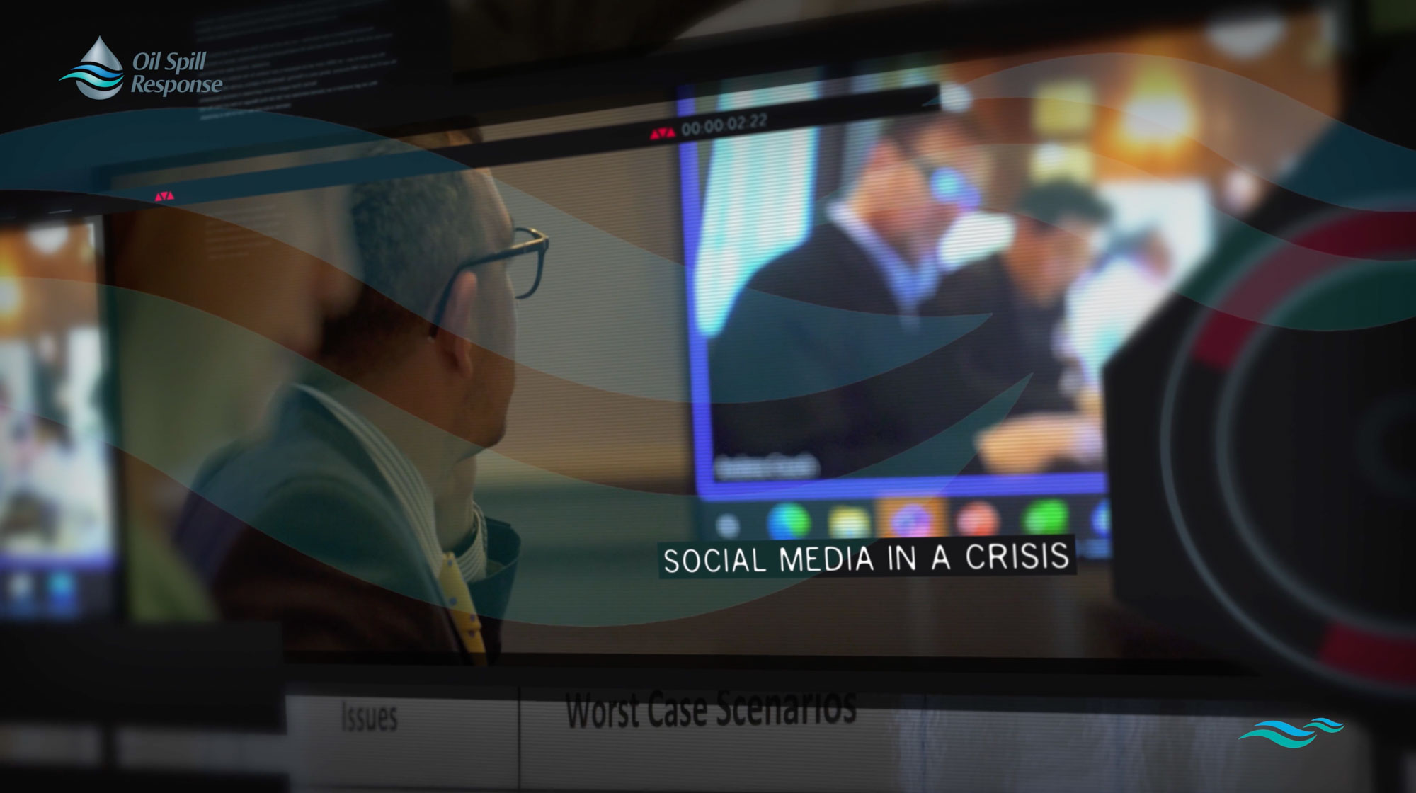 Man watches a video call on a screen with the text "Social Media in a Crisis."