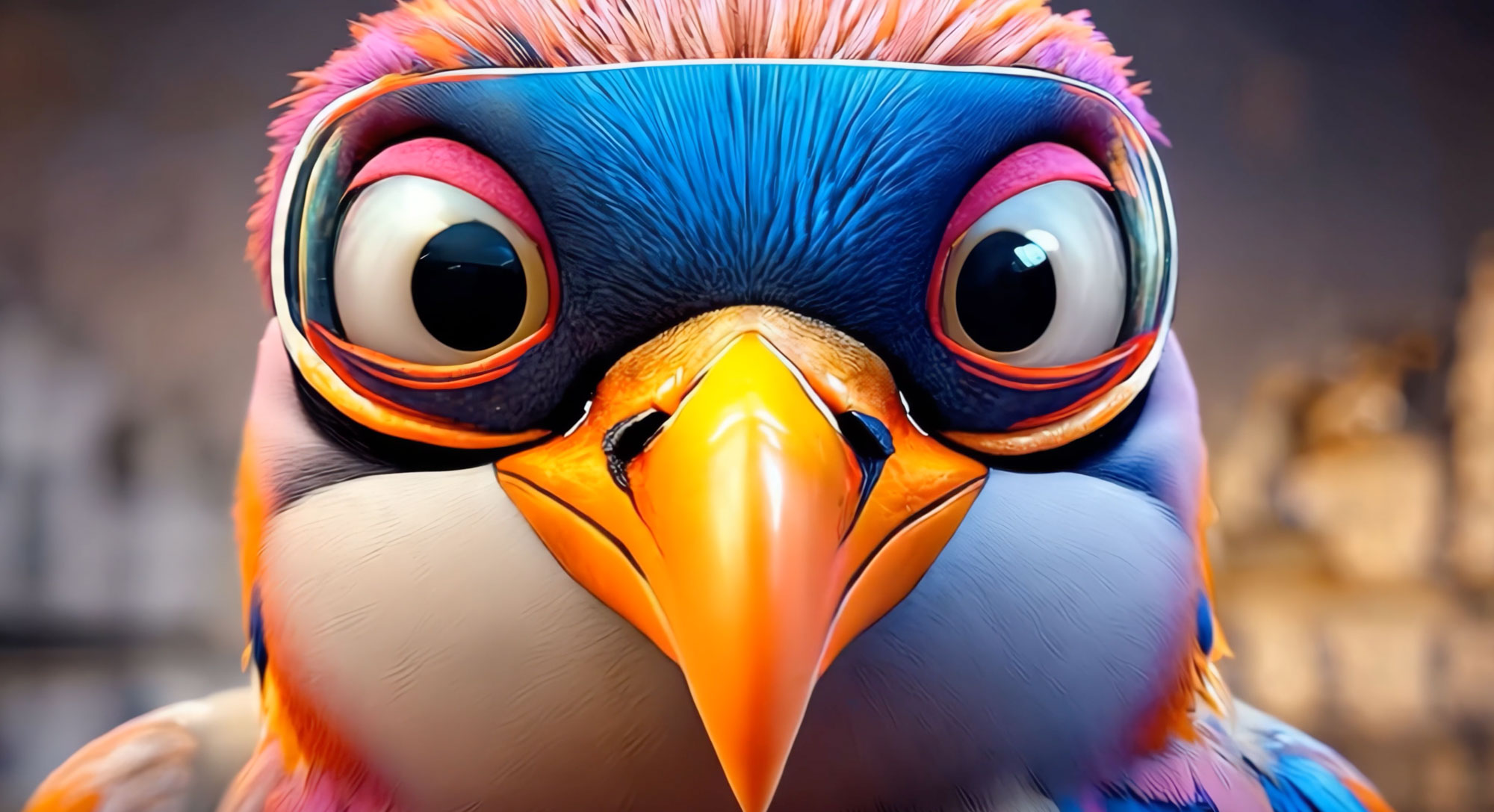 Colorful cartoon bird with large eyes and an orange beak looks directly forward.