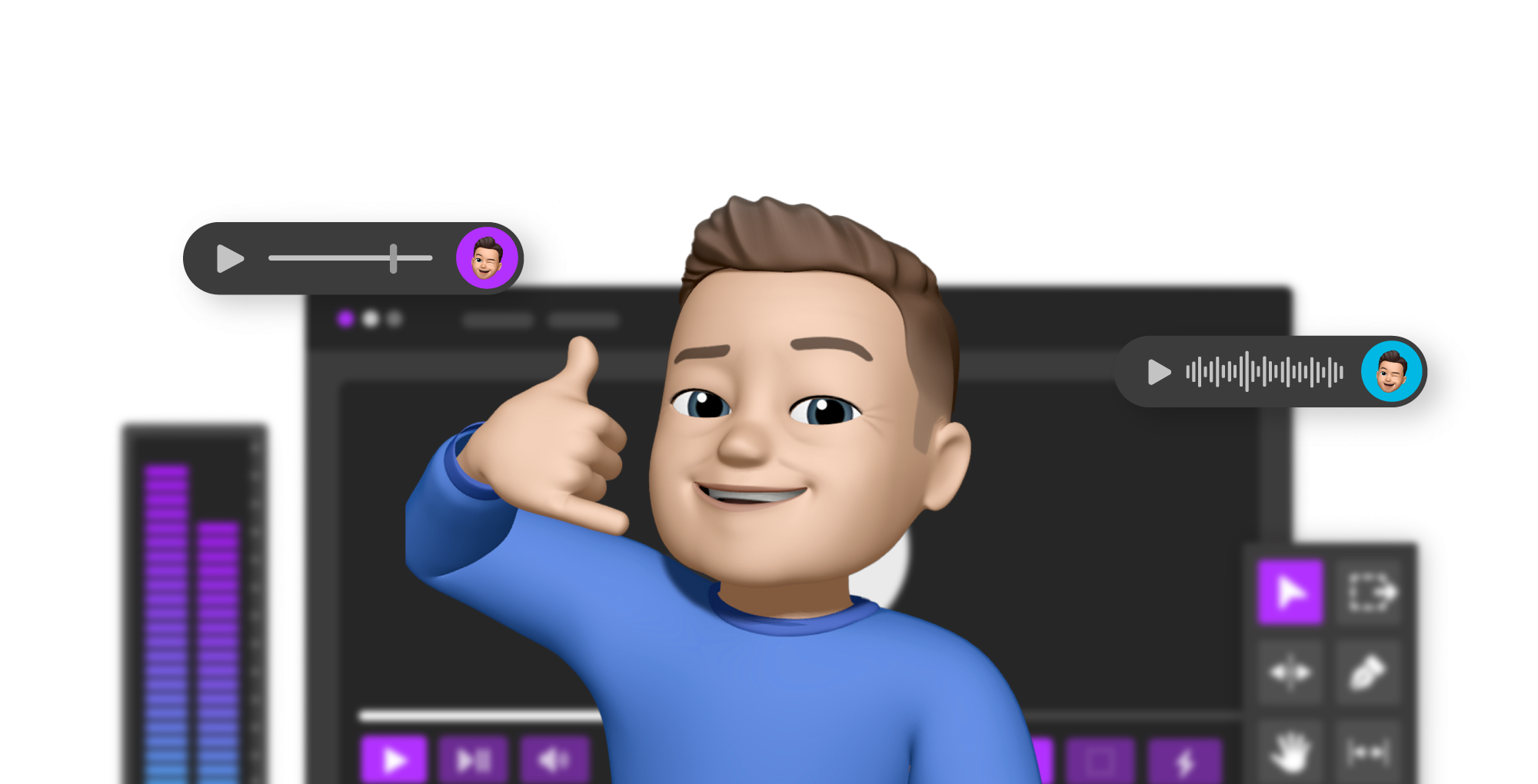 Memoji of the MD gesturing to call us, with video editing software icons in the background.