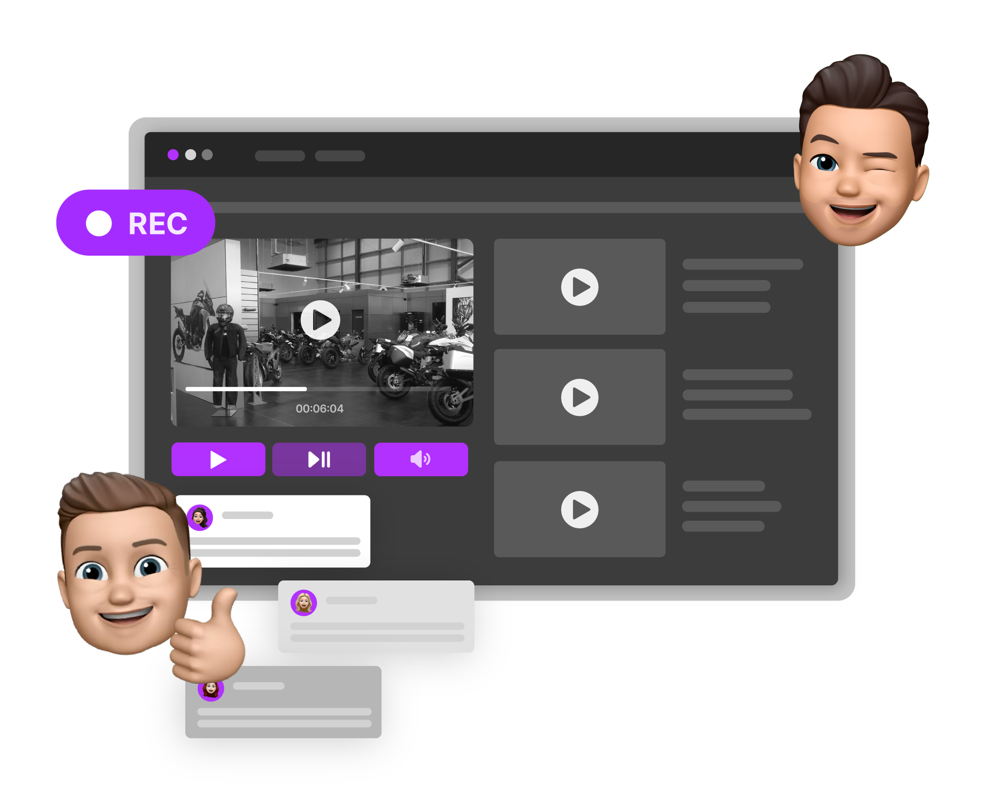 Memoji's interacting with a video player interface on a website, featuring motorcycle video preview.