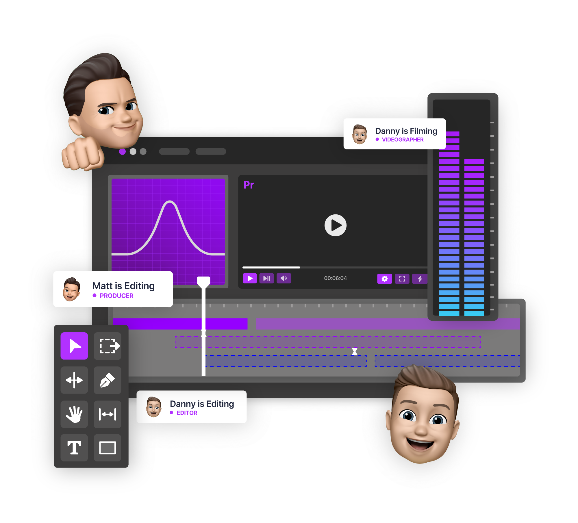 Memoji's of Matt (smokescreen) and Danny (Fountain Digital's MD) editing video, highlighted with roles: producer, videographer, and editor, on a digital screen layout.