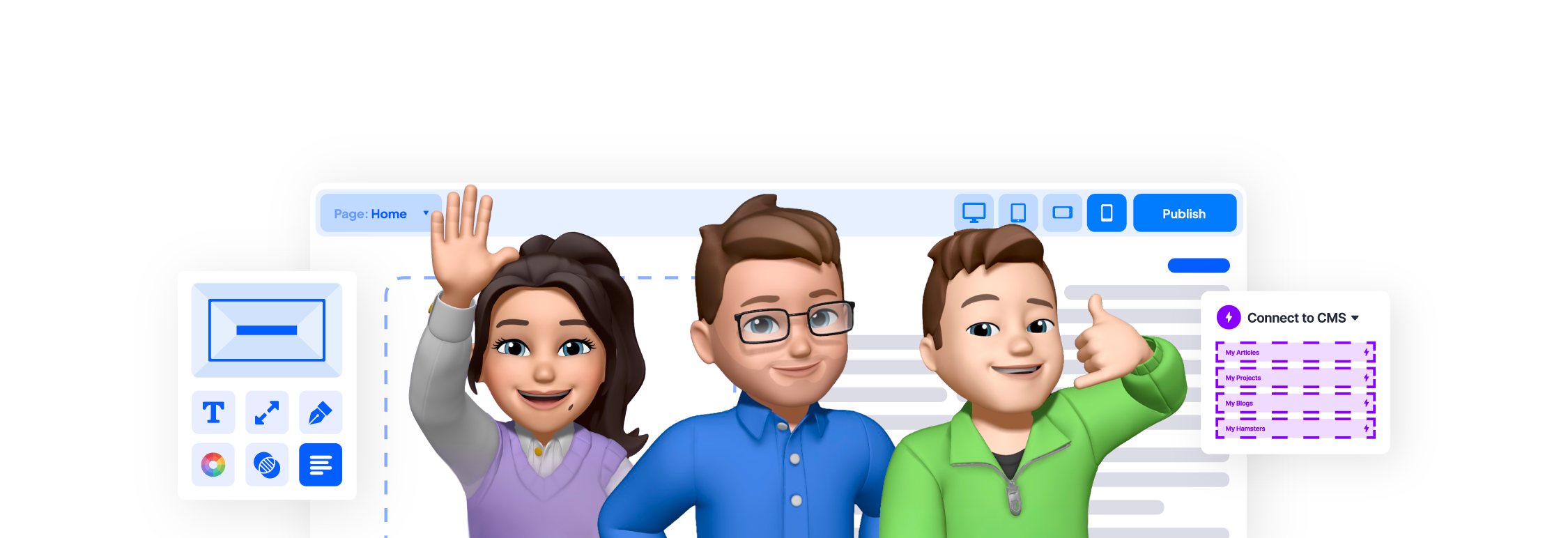 Three animated characters posing in front of a webpage-like interface with editing and CMS connection icons.