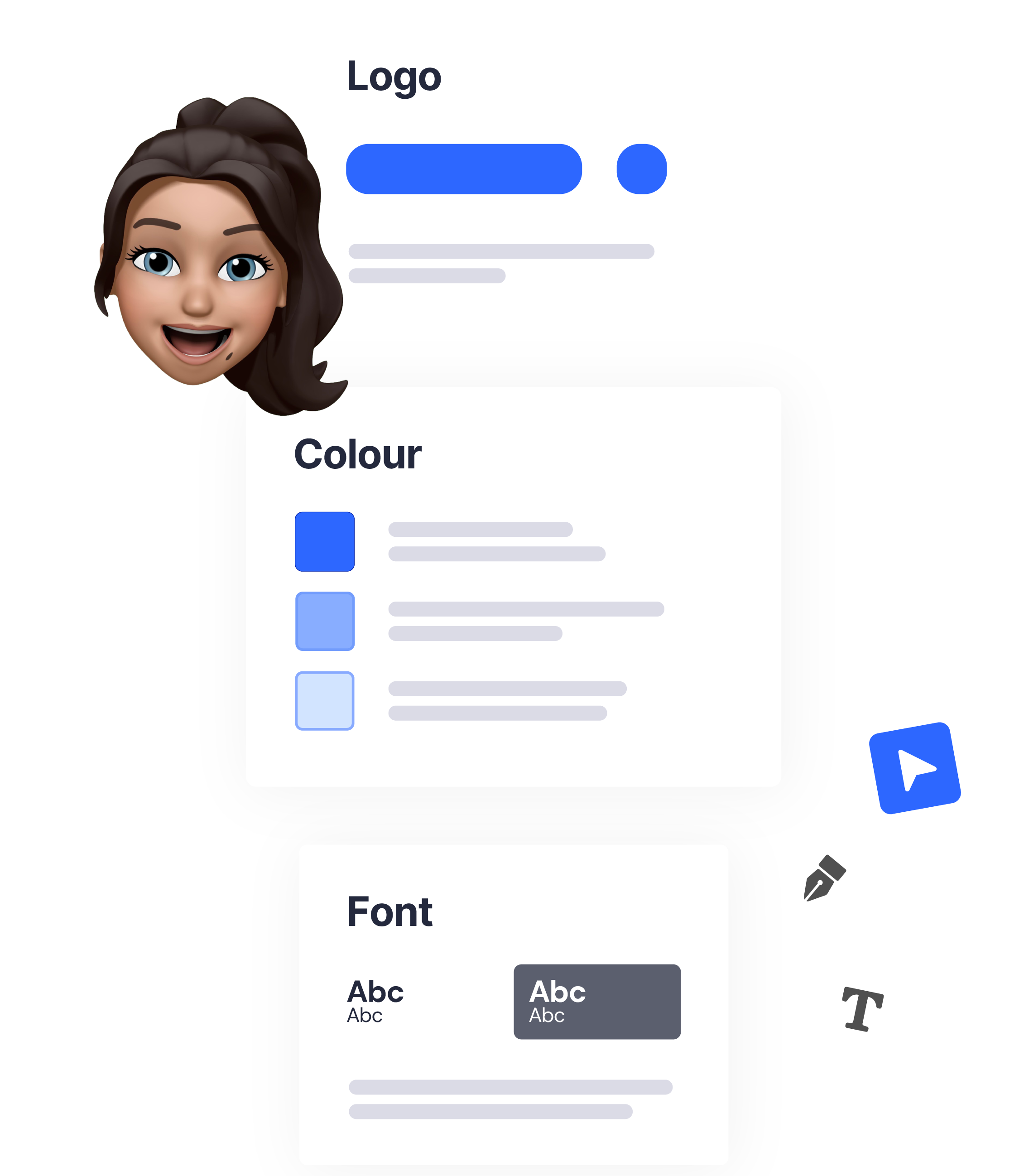 Animated woman face with design cards labeled Logo, Colour, and Font, plus design icons beside.