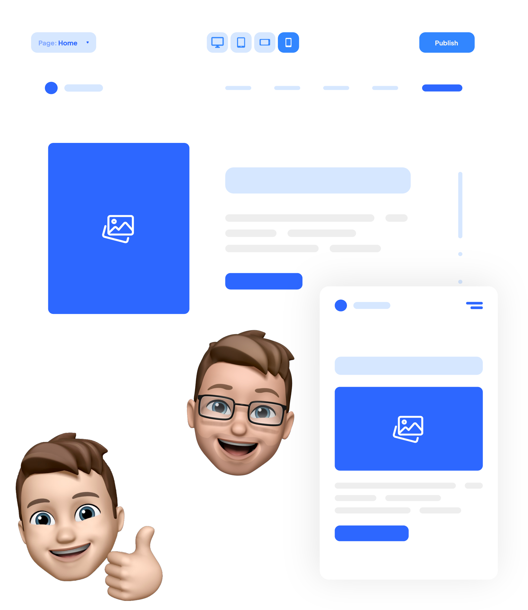Webpage layout previews on desktop and mobile devices with two smiling male avatars, one giving a thumbs up.