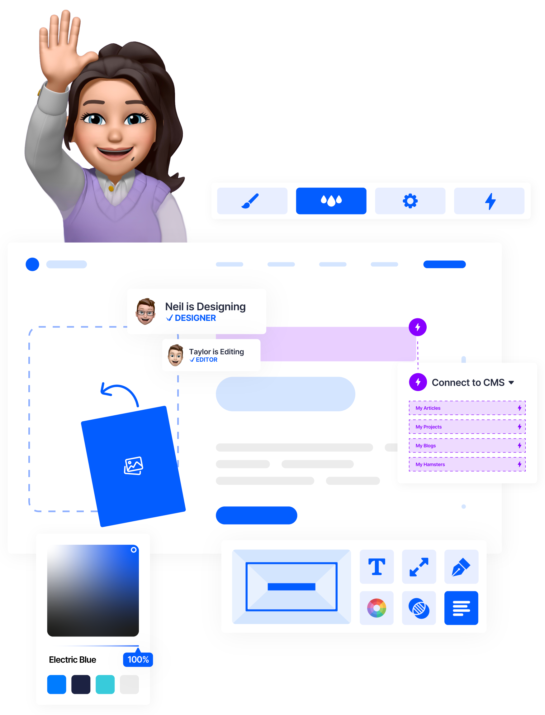 Female avatar waving above a UI showing design tools, color palette, and CMS connection options.
