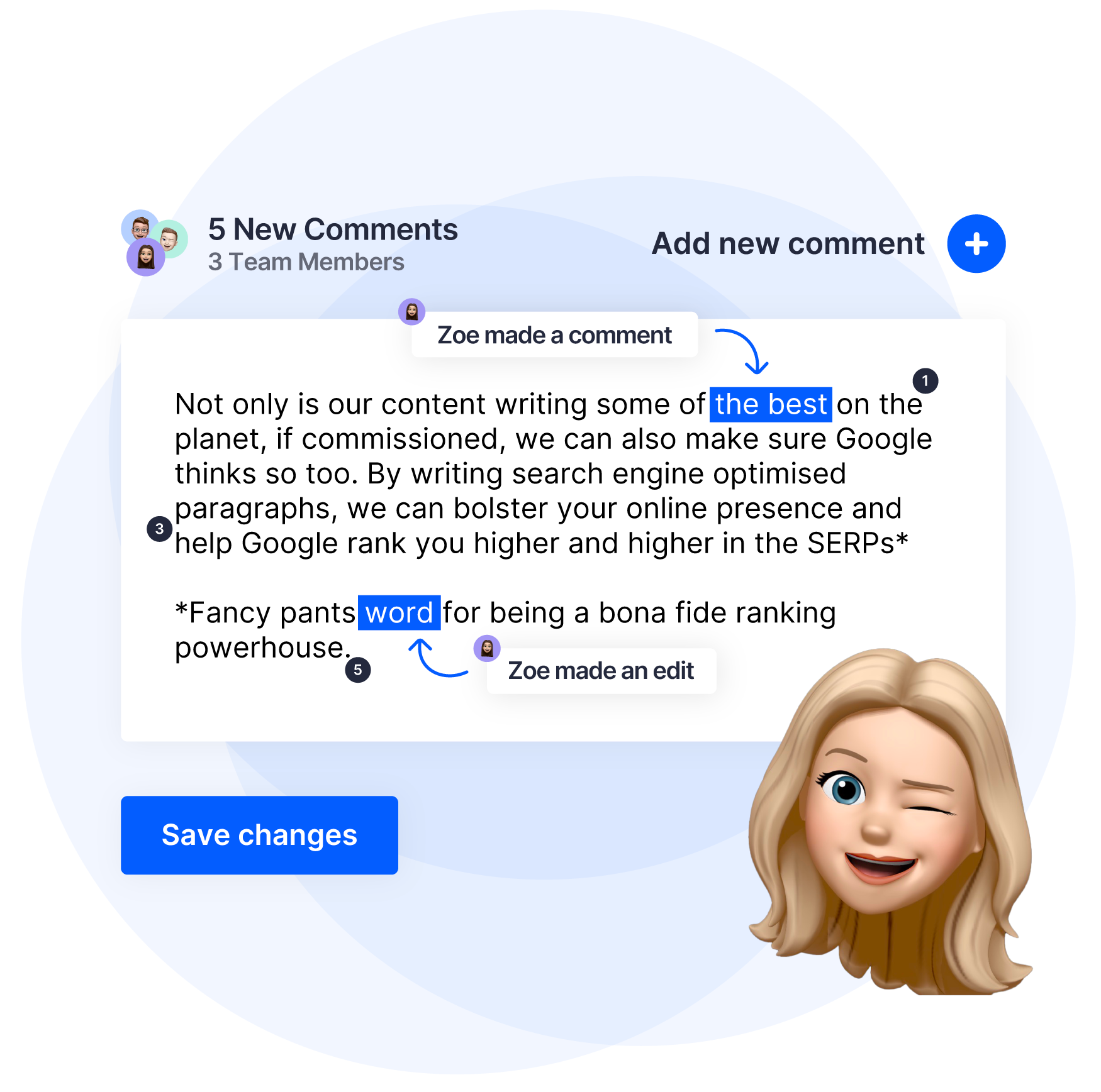 Screenshot of content editing interface showing comments, text highlights, and a winking blonde avatar.