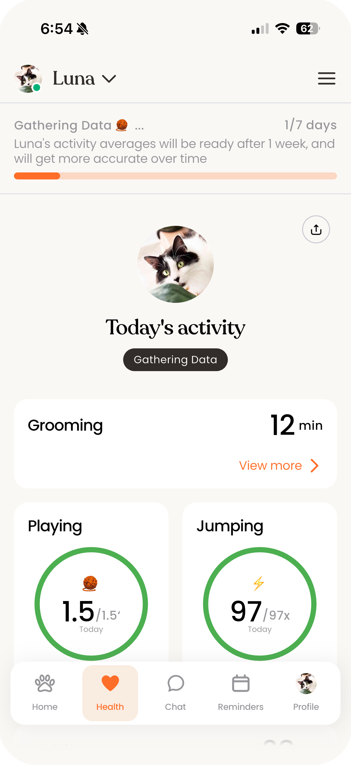 A screenshot showing the Moggie app gathering data for accuracy over the next 7 days.