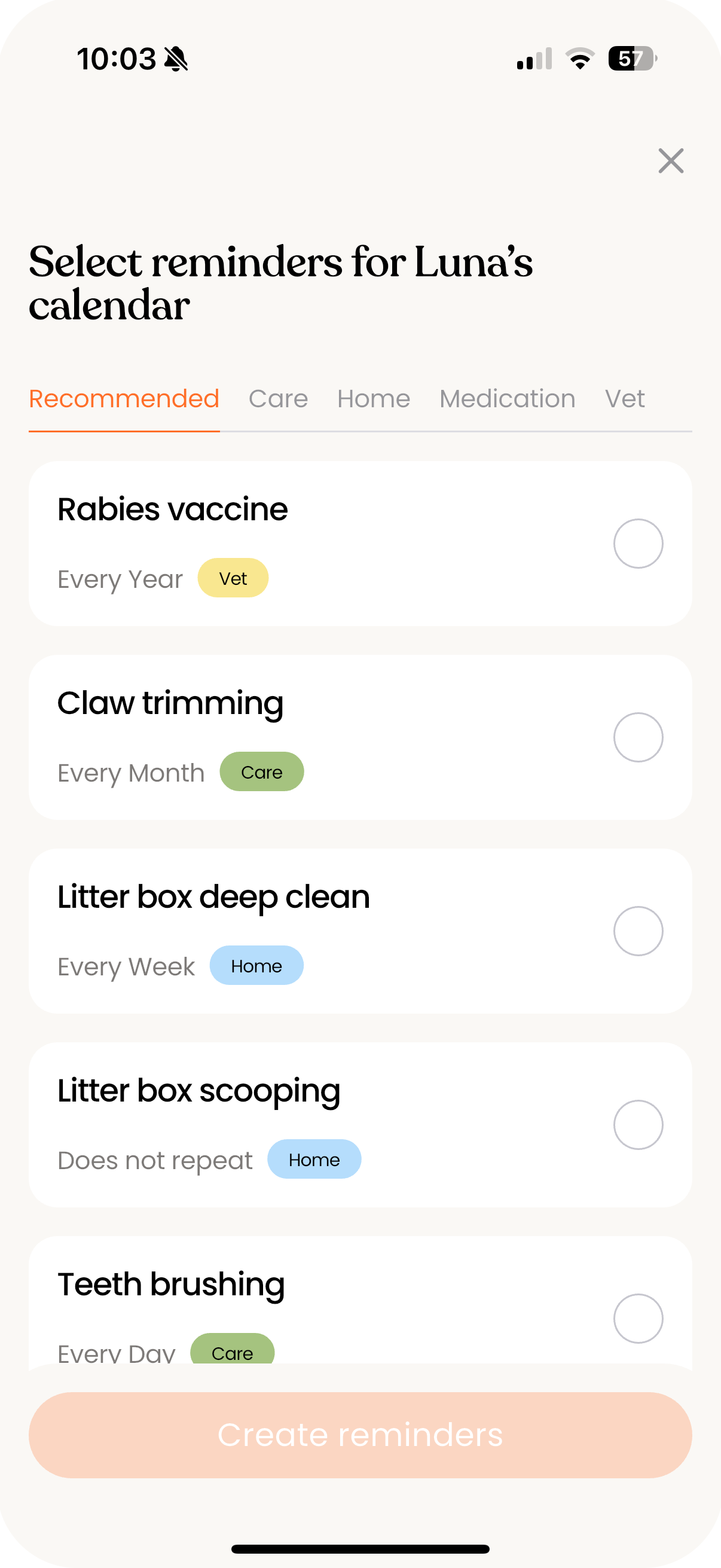 A phone screenshot of different care task reminders you can schedule for your cat.