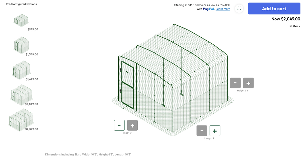 A screenshot from Omlet's Website of their catio customization module showing the height and width of the catio.