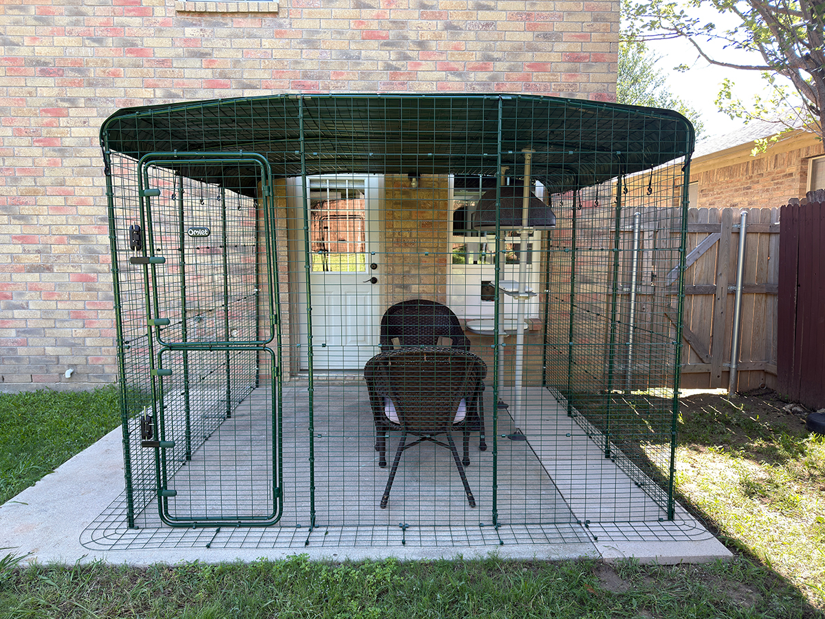 The Omlet catio wire frame seen from the outside with the roof cover secured on top.