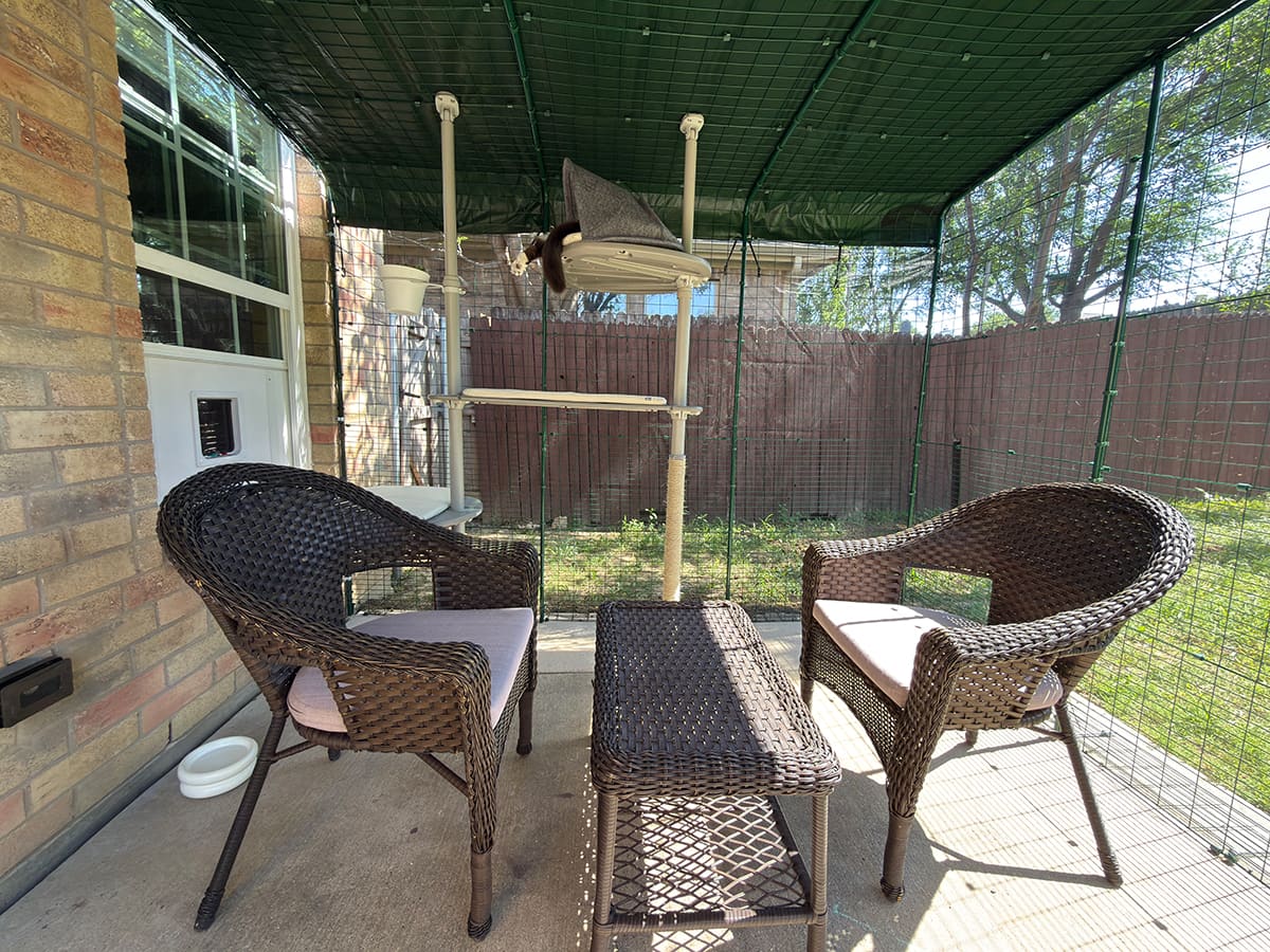 Patio furniture inside the catio with the Omlet Outdoor Freestyle Cat Tree in the background with a cat lounging in it.
