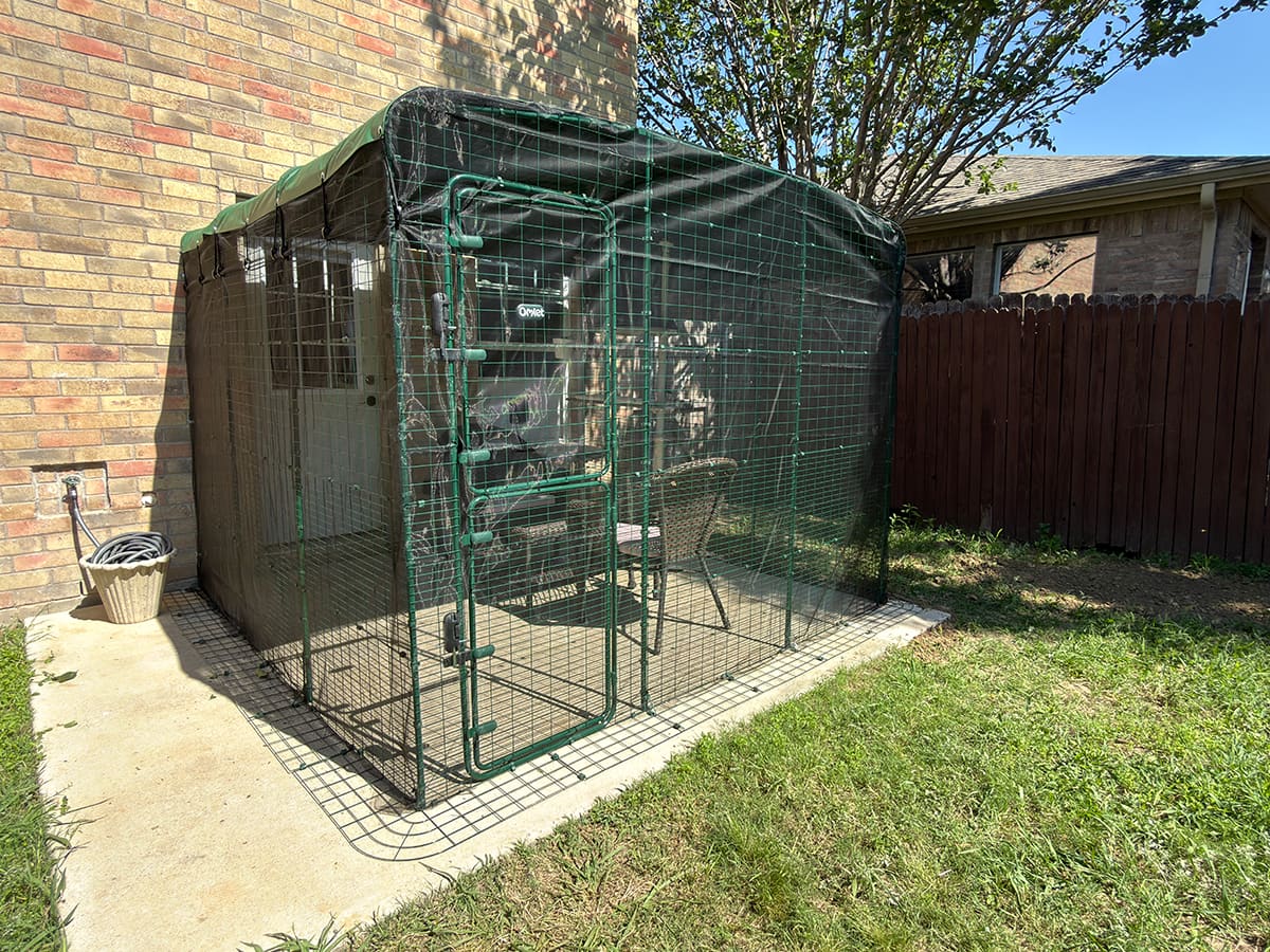 The Omlet catio viewed from the outside with mosquito netting zip tied to the sides.
