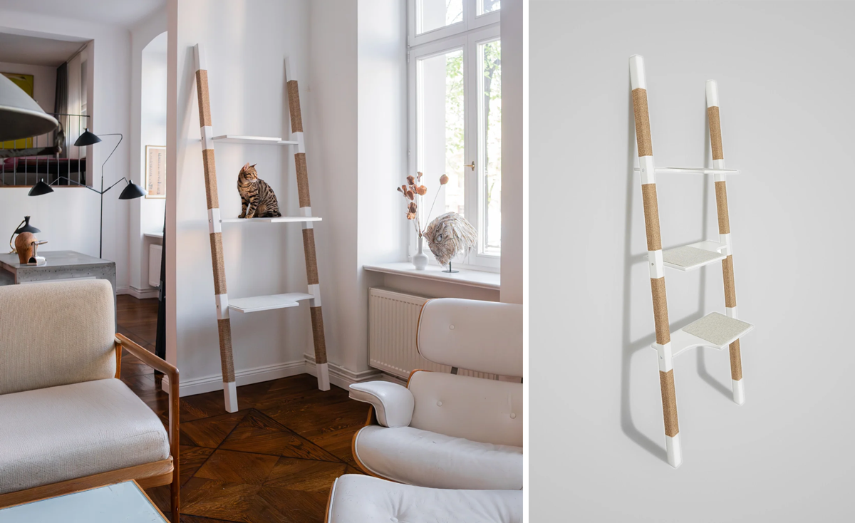 Image 1: A cat on a cat-friendly ladder cat tree looking out a window in a modern home. Image 2: Just the cat ladder on a white background.