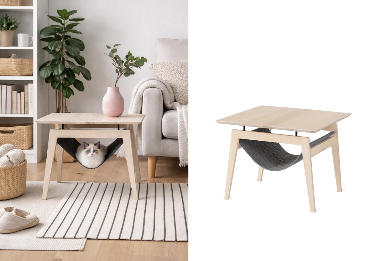A cat lounging in a hammock style side table.