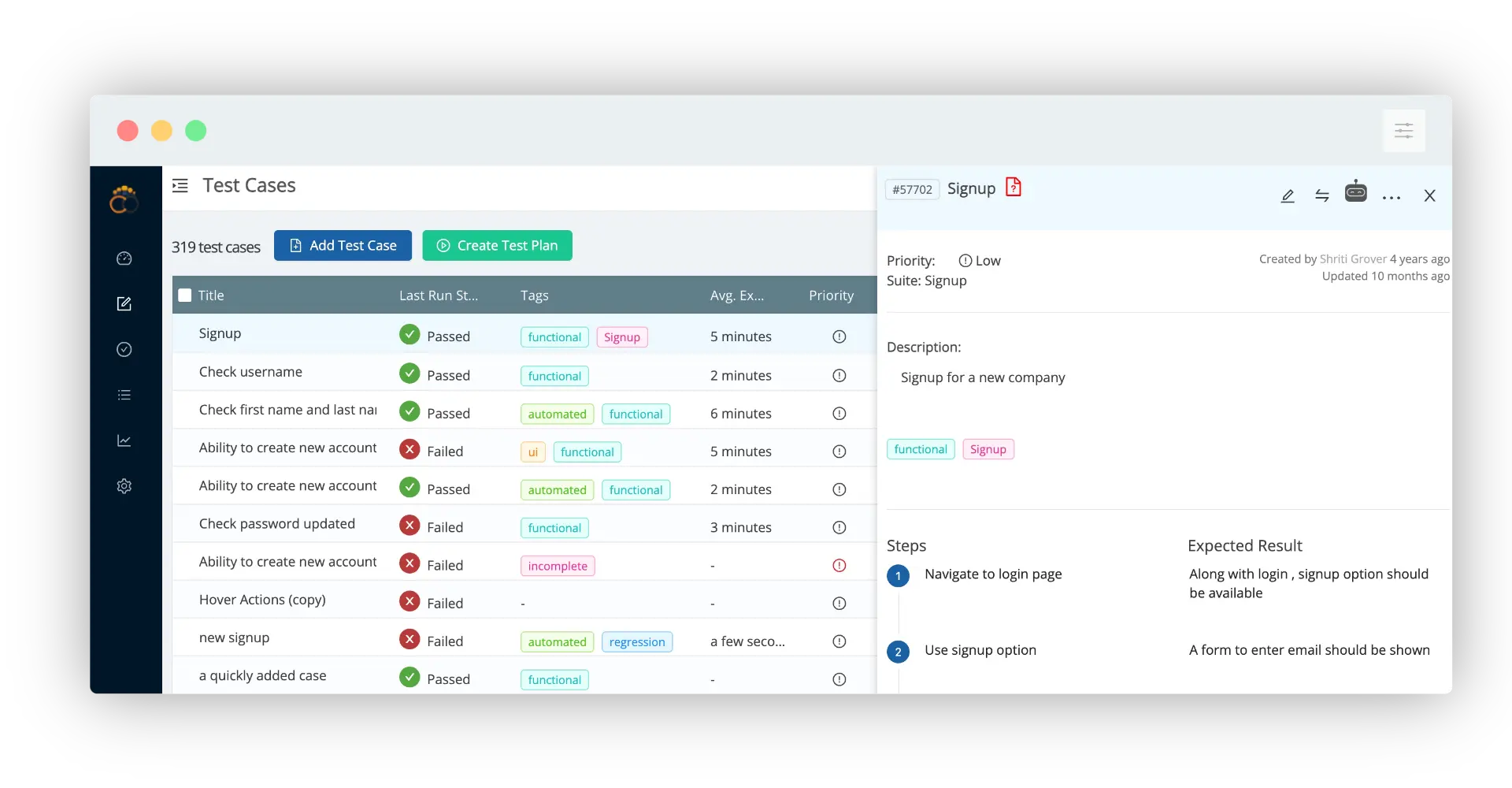 TestCollab test case manage page screenshot